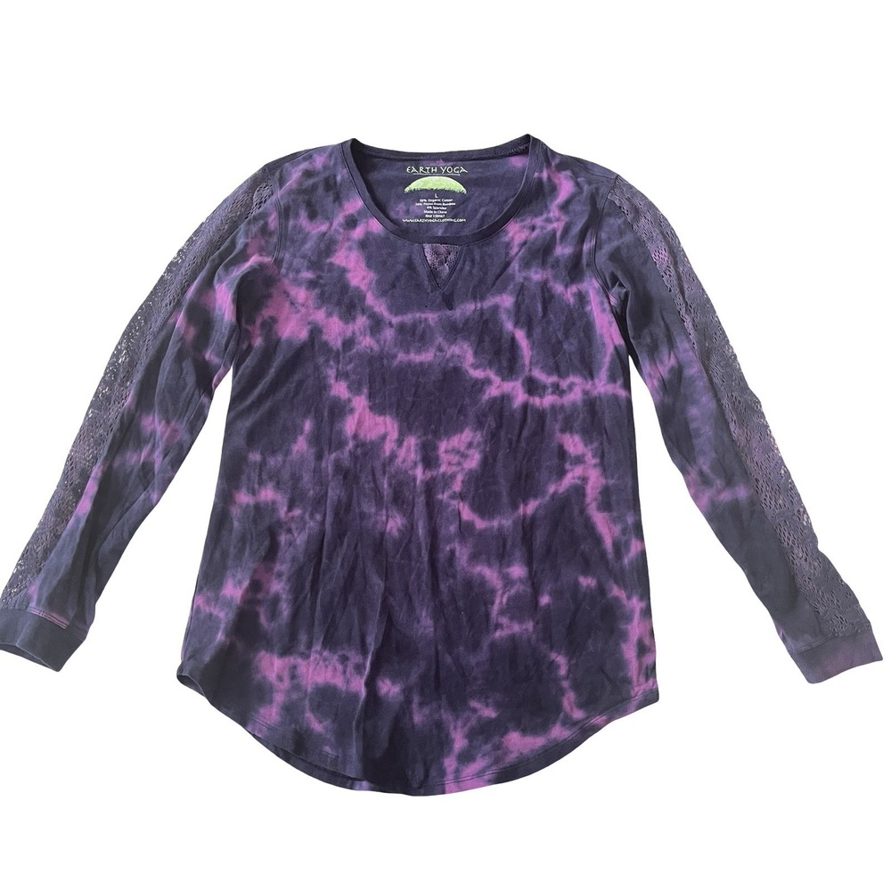 Earth Yoga Women's Size L Henley Tunic Tie Dye Blue Purple Lace Long Sleeve